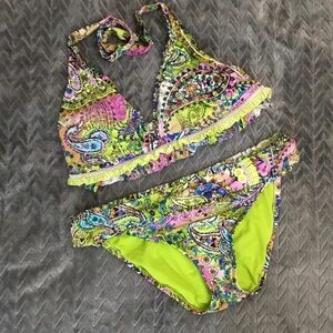 Lucky Brand Neon Paisley Bikini Swimsuit Size Medium